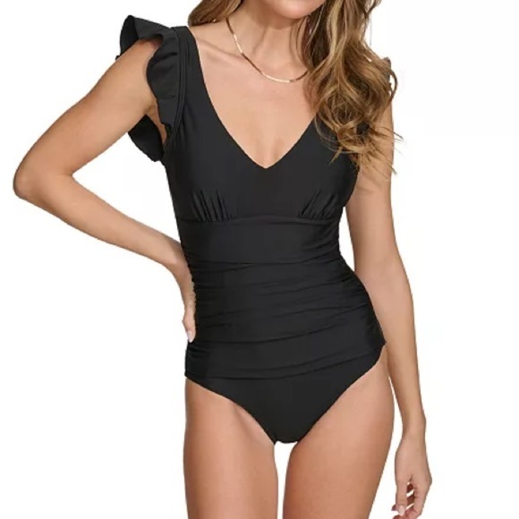 DKNY Ruffle-Trim One-Piece Swimsuit Size XXL Black Tummy Control Modest Pool - Picture 1 of 14